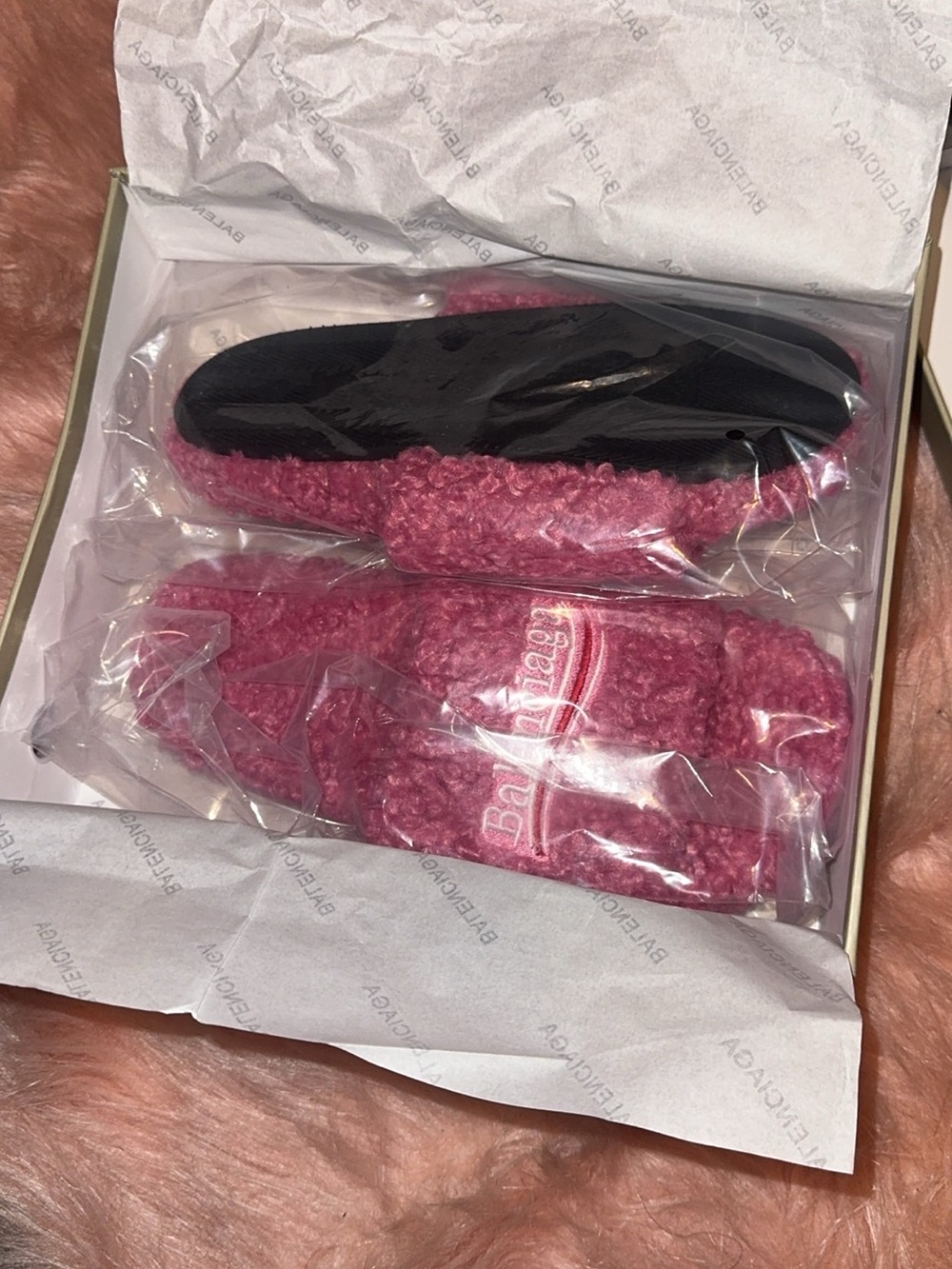 Balenciaga Bubblegum Pink Shearling Slide Slippers